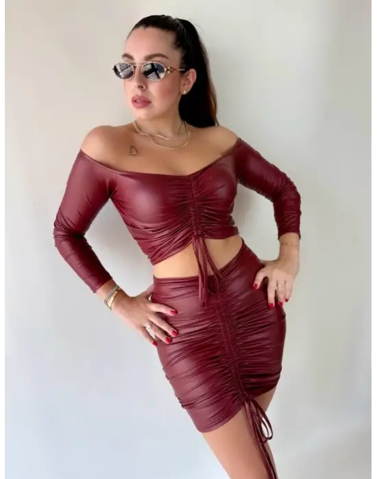 Kadın Büzgülü Deri Etek Takım Fırsat Ürün