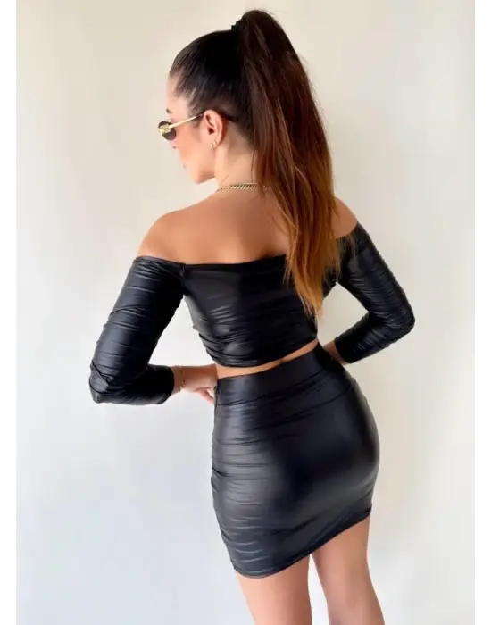 Kadın Büzgülü Deri Etek Takım Fırsat Ürün