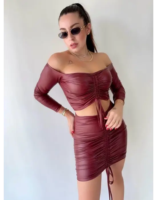 Kadın Büzgülü Deri Etek Takım Fırsat Ürün