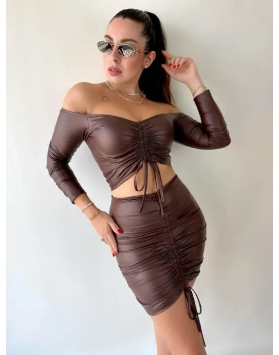 Kadın Büzgülü Deri Etek Takım Fırsat Ürün