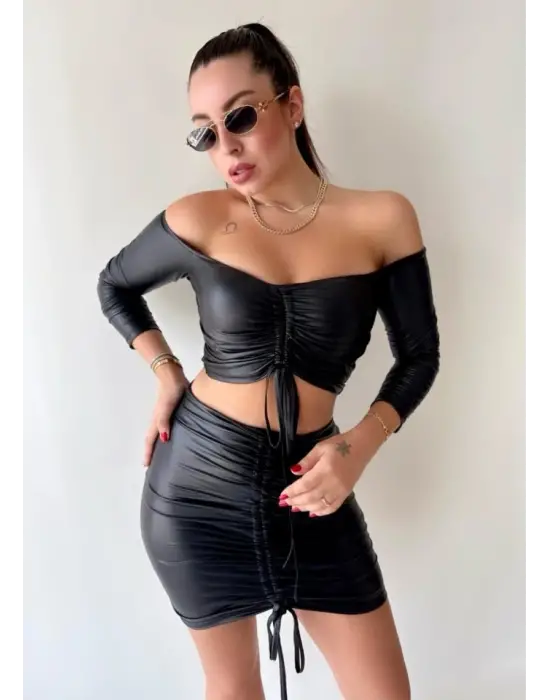 Kadın Büzgülü Deri Etek Takım Fırsat Ürün