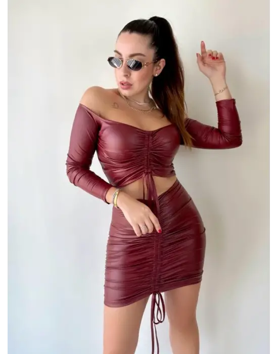 Kadın Büzgülü Deri Etek Takım Fırsat Ürün