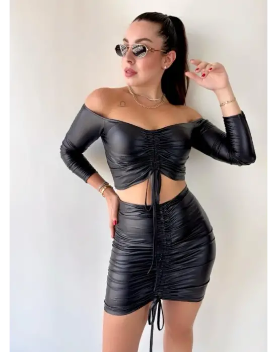 Kadın Büzgülü Deri Etek Takım Fırsat Ürün