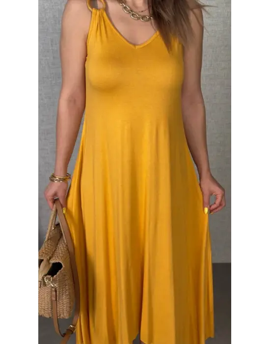 Kadın çan Dokuma Kumaş V Yaka Asimetrik Kesim Elbise