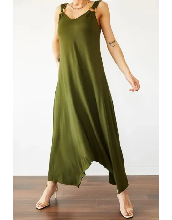 Kadın çan Dokuma Kumaş V Yaka Asimetrik Kesim Elbise