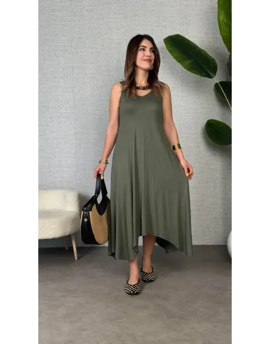 Kadın çan Dokuma Kumaş V Yaka Asimetrik Kesim Elbise