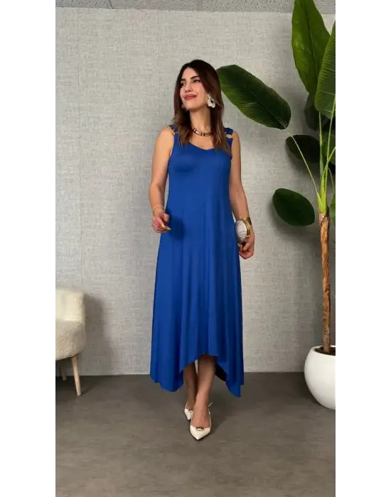 Omarı Asimetrik Kesim V Yaka Çan Elbise