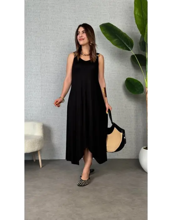 Kadın çan Dokuma Kumaş V Yaka Asimetrik Kesim Elbise