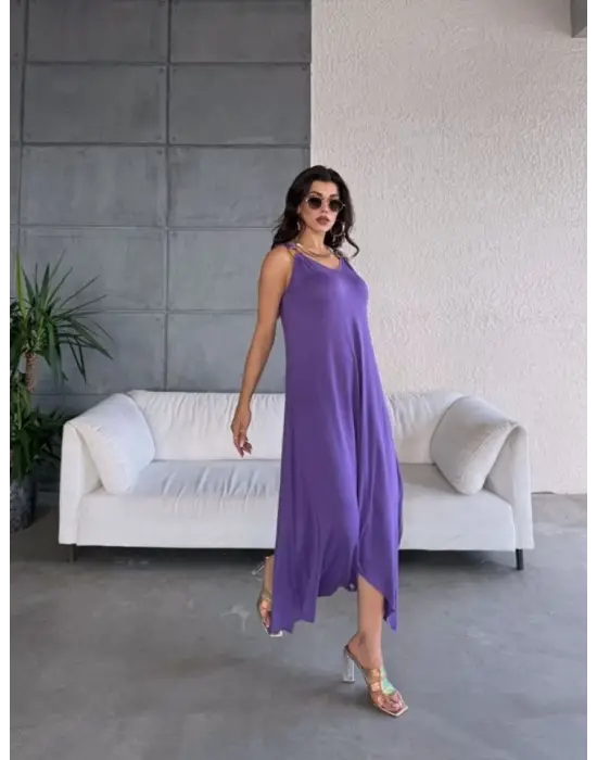 Kadın çan Dokuma Kumaş V Yaka Asimetrik Kesim Elbise