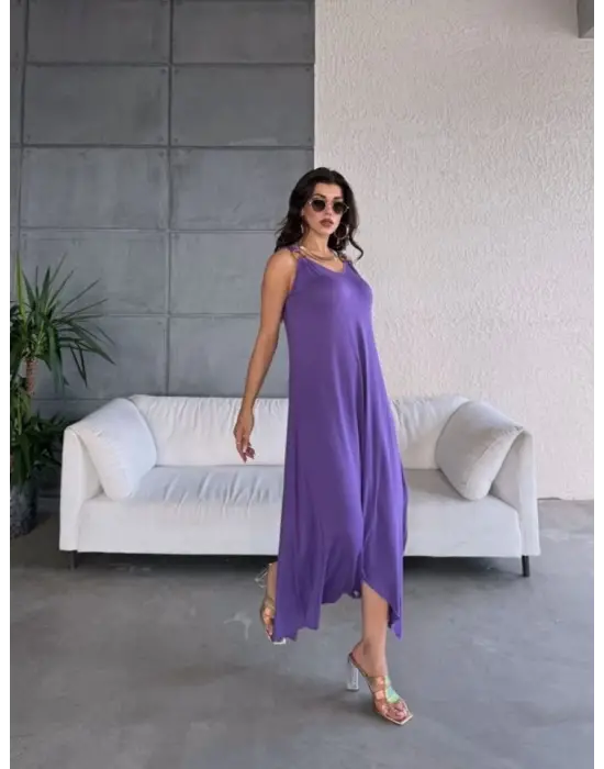 Omarı Etnik Desenli Asimetrik Kesim V Yaka Elbise