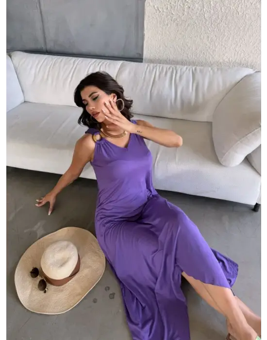 Kadın çan Dokuma Kumaş V Yaka Asimetrik Kesim Elbise