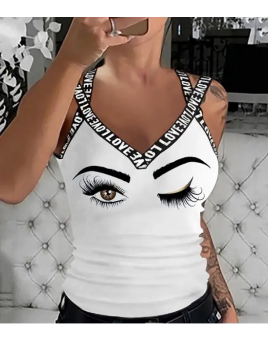 Kadın çapraz şeritli Göz Baskılı Viskon Bluz