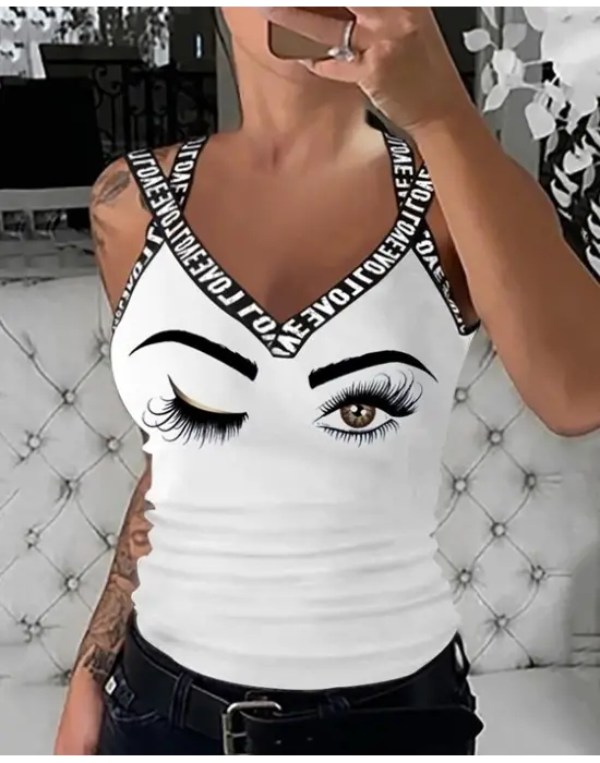 Kadın çapraz şeritli Göz Baskılı Viskon Bluz