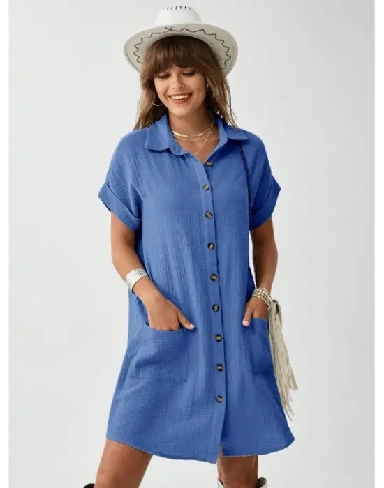 Omarı Müslin Kumaş Mini Gömlek Elbise