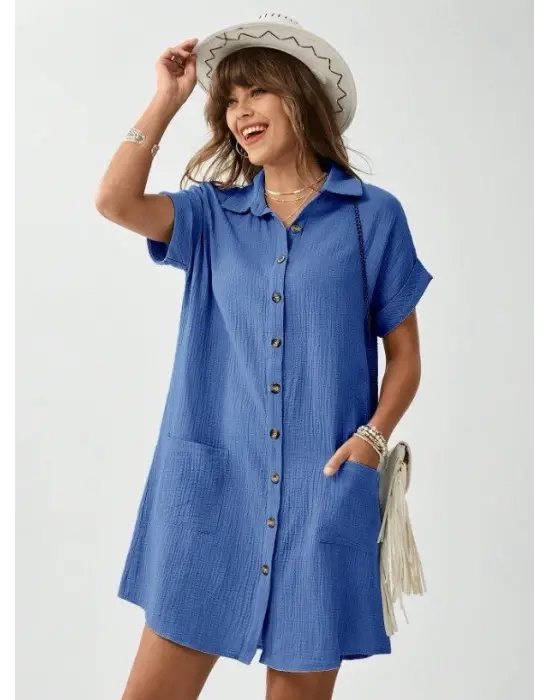 Kadın Cep Detay Müslin Kumaş Mini Gömlek Elbise