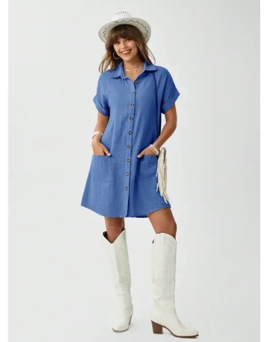 Kadın Cep Detay Müslin Kumaş Mini Gömlek Elbise
