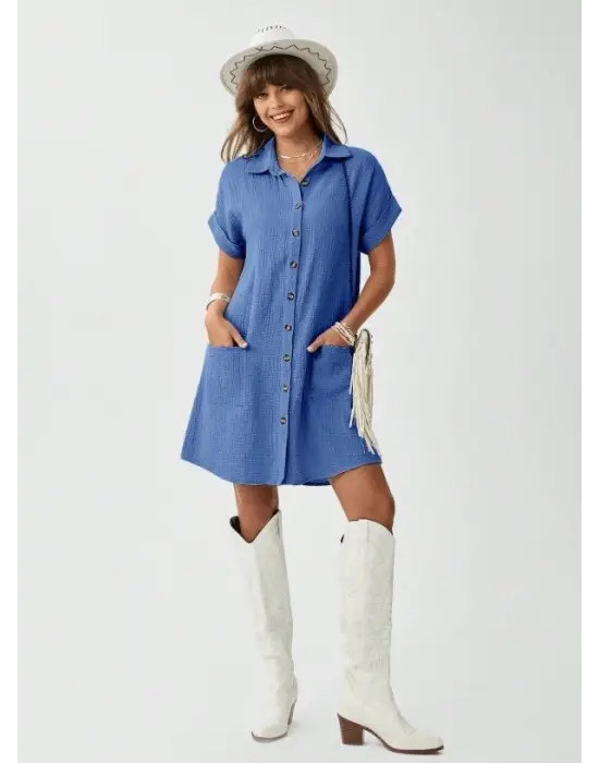 Omarı Müslin Kumaş Mini Gömlek Elbise