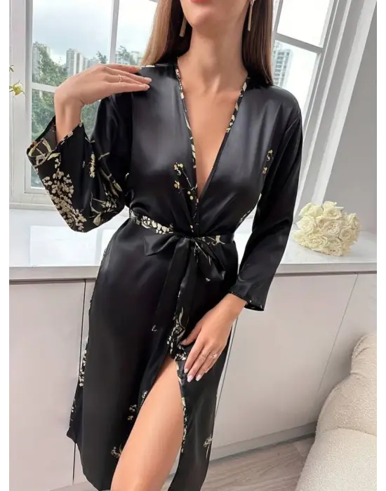 Omarı Çiçek Desenli Bel Kuşaklı Kadın Saten Gecelik