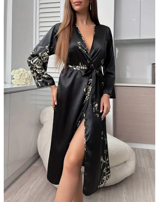 Omarı Çiçek Desenli Bel Kuşaklı Kadın Saten Gecelik