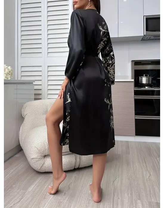 Omarı Çiçek Desenli Bel Kuşaklı Kadın Saten Gecelik