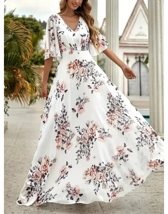 Omarı Çiçek Desenli V Yakalı Kadın Elbisesi