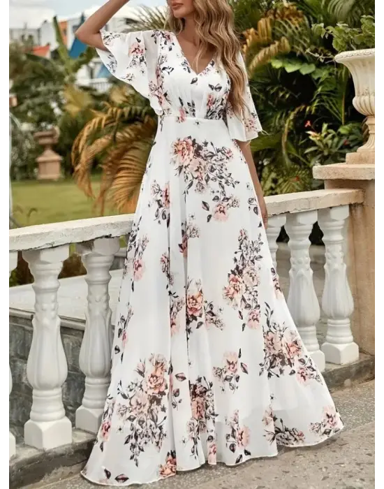 Omarı Çiçek Desenli V Yakalı Kadın Elbisesi