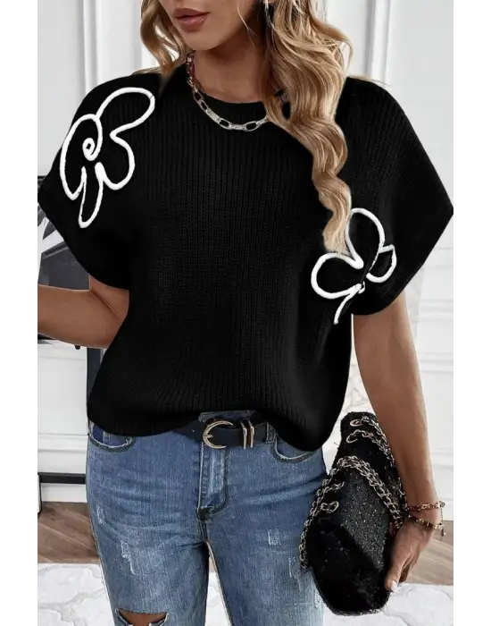 Kadın çiçek Detaylı Triko Bluz