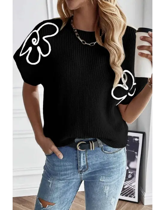 Kadın çiçek Detaylı Triko Bluz