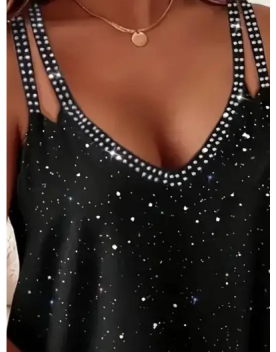 Kadın çift Askılı Derin V Yakalı Taşlı Sandy Bluz