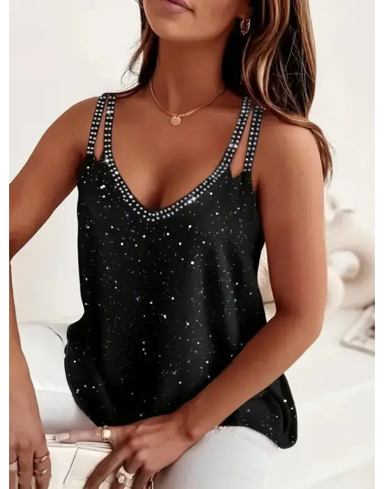 Kadın çift Askılı Derin V Yakalı Taşlı Sandy Bluz