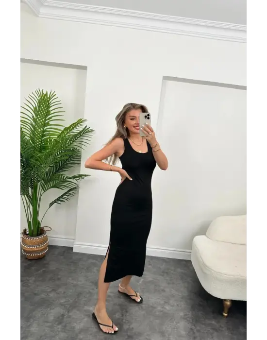 Kadın çift Yırtmaç Detaylı Sıfır Kol Midi Boy Elbise