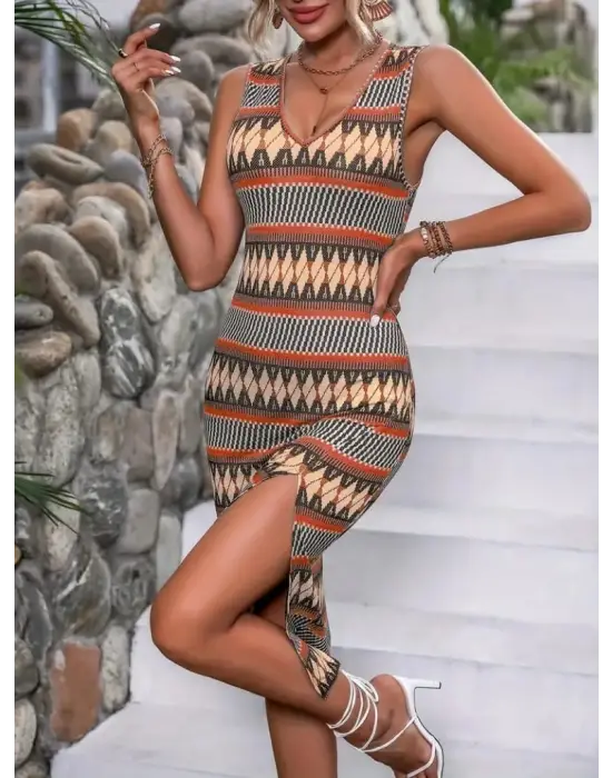 Kadın çok Renkli Yırtmaçlı Dizde Süprem Elbise