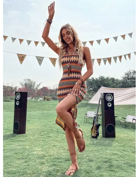 Kadın çok Renkli Yırtmaçlı Dizde Süprem Elbise