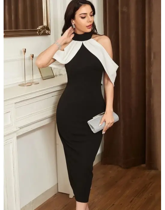 Kadın Daire Yakalı Omuzlardan Kollara Yayılan Kanat Detaylı çift Renkli Uzun Ithal Krep Elbise