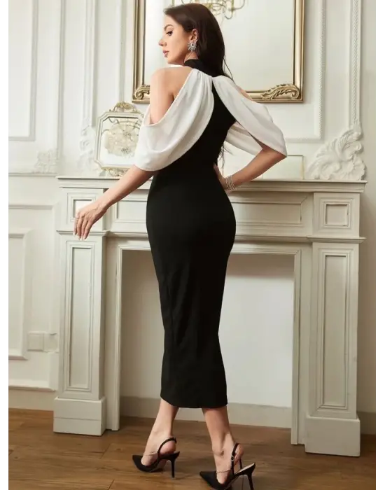 Omarı Daire Yakalı Kanat Detaylı Uzun Krep Elbise