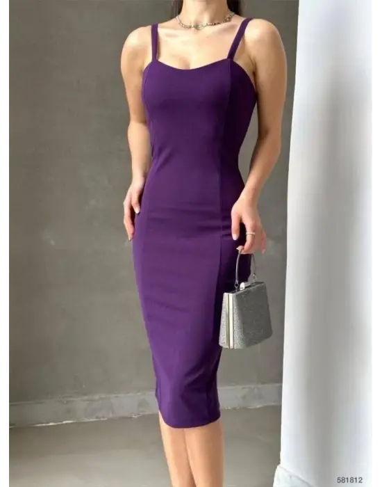 Kadın Dalgıç Krep Kumaş Askılı Midi Boy Elbise