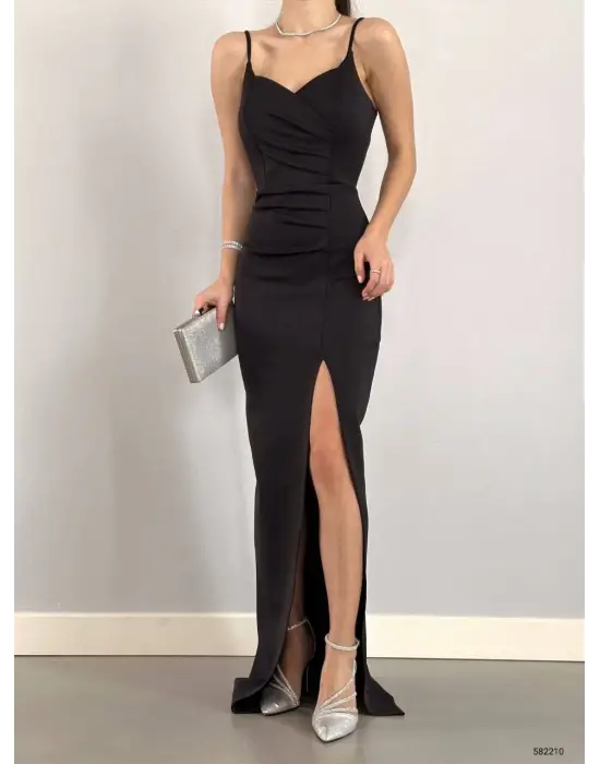 Omarı Yırtmaç Detaylı V Yaka Maxi Boy Elbise