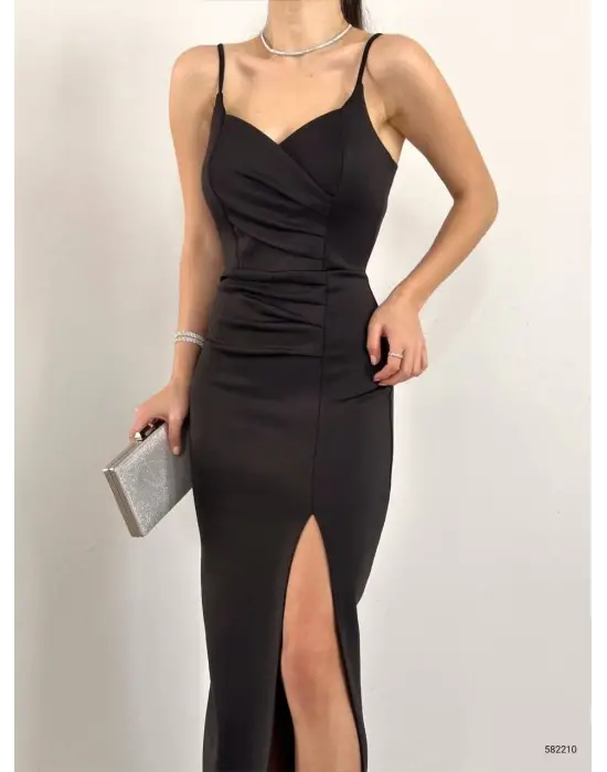 Omarı Yırtmaç Detaylı V Yaka Maxi Boy Elbise