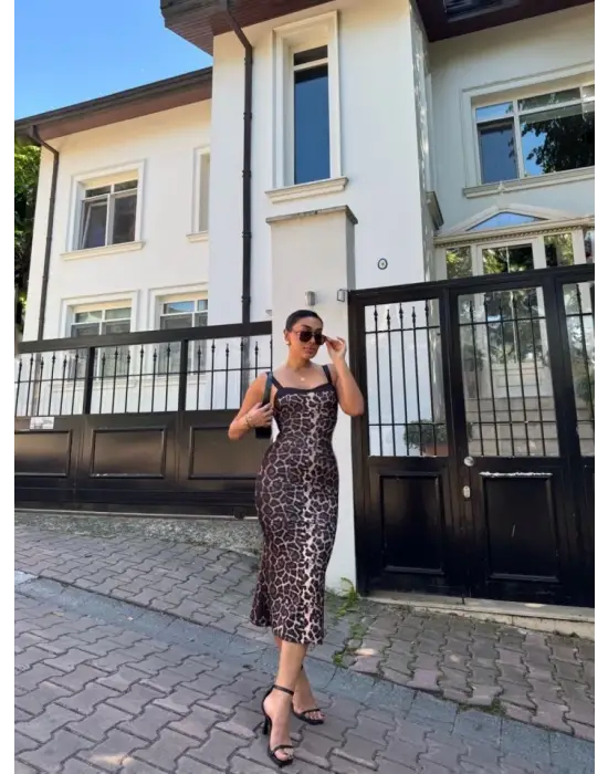 Omarı Kadın Dalgıç Kumaş Leopar Desenli Midi Elbise