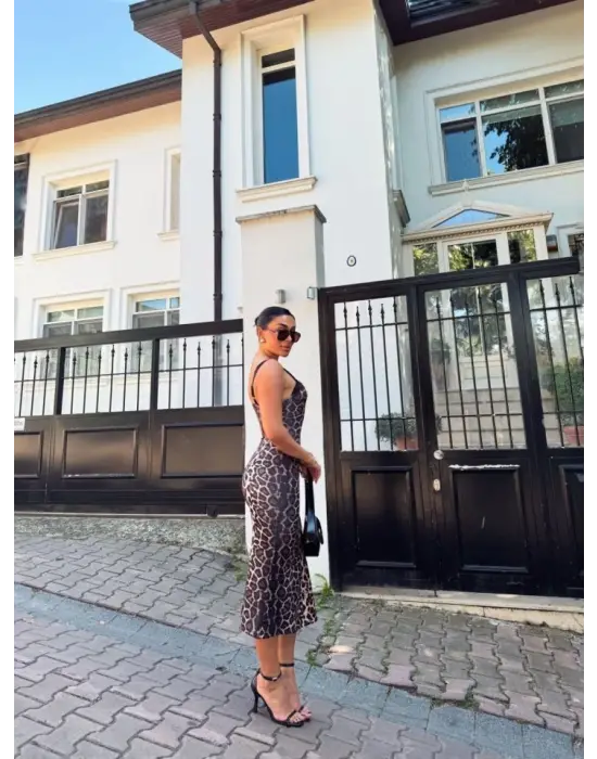 Omarı Kadın Dalgıç Kumaş Leopar Desenli Midi Elbise