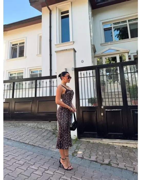 Omarı Kadın Dalgıç Kumaş Leopar Desenli Midi Elbise