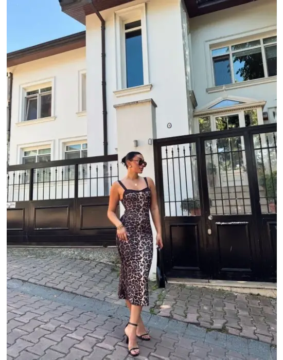 Kadın Dalgıç Kumaş Dijital Leopar Baskılı Midi Boy Elbise