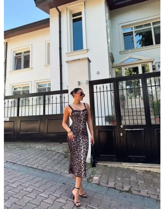 Omarı Kadın Dalgıç Kumaş Leopar Desenli Midi Elbise