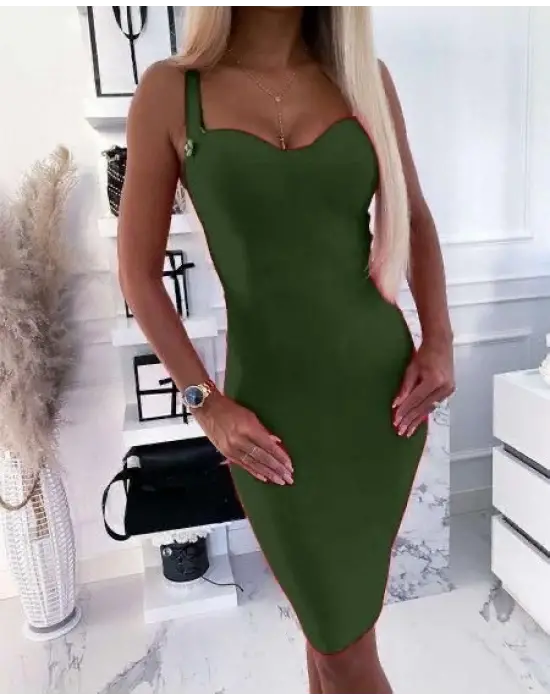 Kadın Dalgıç Kumaş Düğmeli Fermuarlı Askılı Elbise