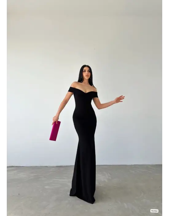 Kadın Dalgıç Kumaş Kayık Yaka Ve Dekolte Detaylı Elbise