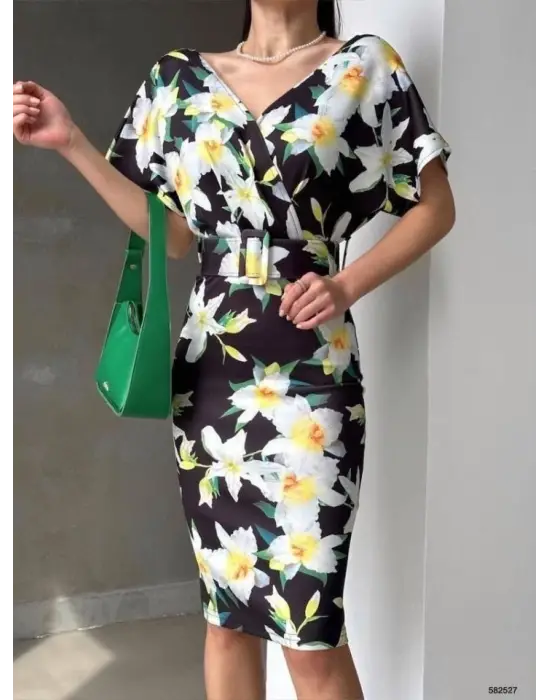 Omarı Çiçek Desenli Kadın Kalem Elbise