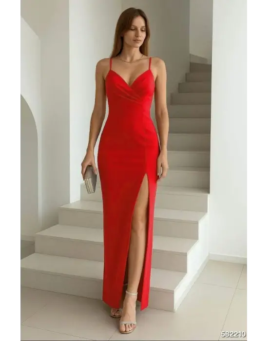 Kadın Dalgıç Kumaş V Yaka Yırtmaç Detaylı Maxi Boy Elbise