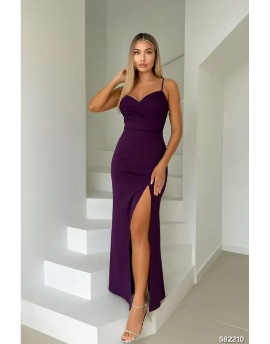 Kadın Dalgıç Kumaş V Yaka Yırtmaç Detaylı Maxi Boy Elbise