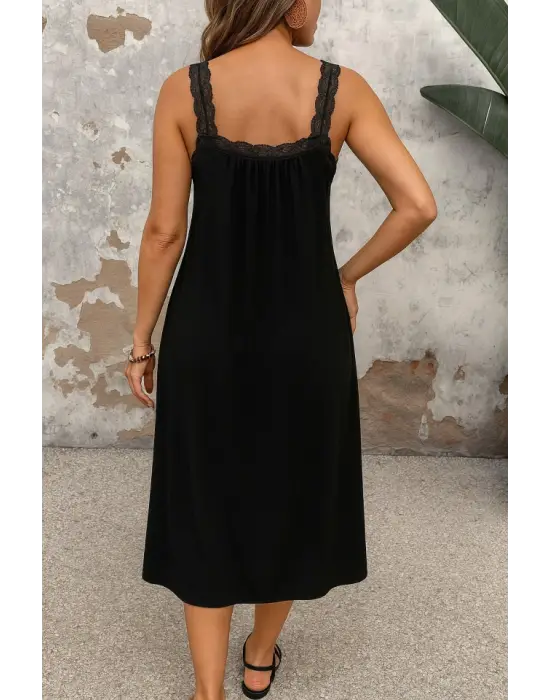 Kadın Dantel Askılı Kare Yakalı Uzun Viskon Elbise