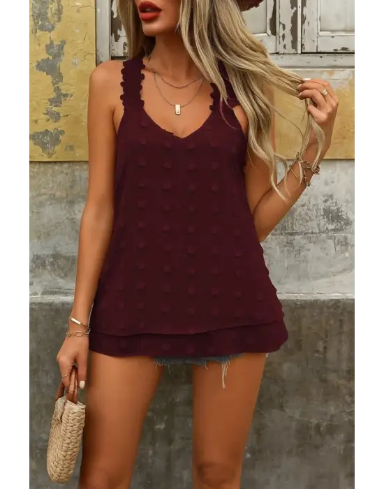 Kadın Dantel Askılı V Yakalı Sırtı çapraz Detaylı Ponpon Bluz